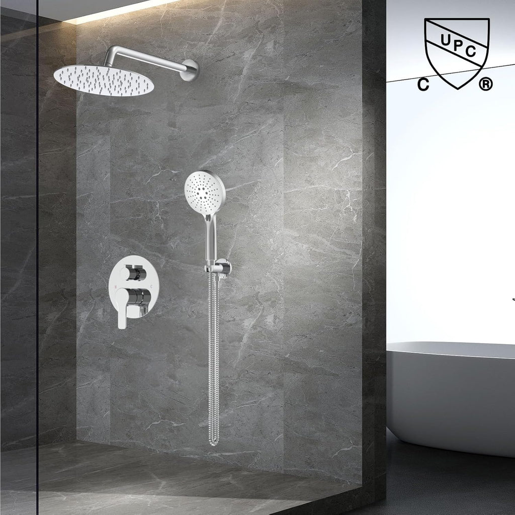 Shower Faucet Set 10IN Brass Rough-In Valve Body Trim Kit Rainfall Included Handle Accessories Complete 2 Functions with Rain Head and Handheld Bathroom Systems (10'', Chrome Polished)