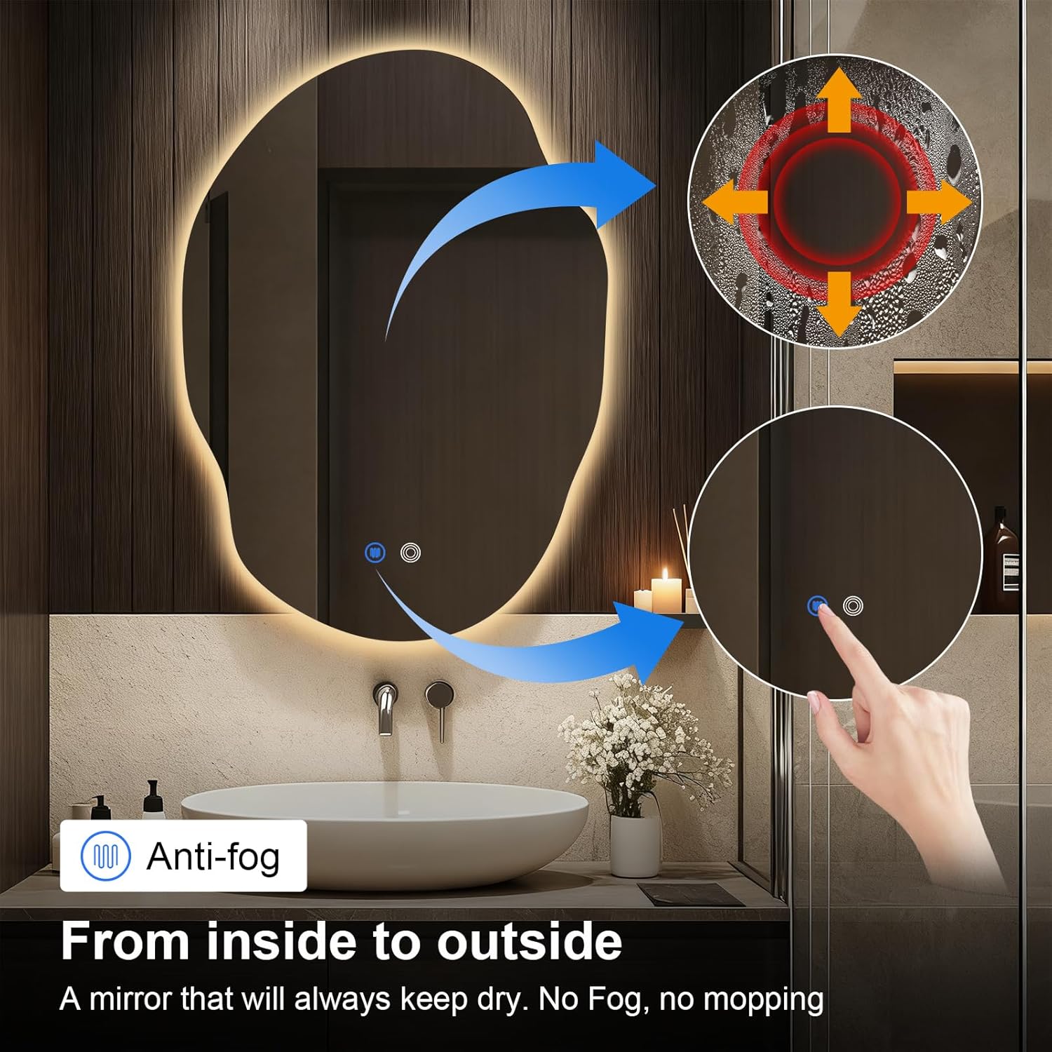 Asymmetrical Bathroom Mirror with Lights,Irregular LED Bathroom Vanity Mirror with Backlit,Anti-Fog,3 Colors and Dimmable Light with Memory,Hardwired Supported[Horizontal/Vertical] 35" H x 25" W