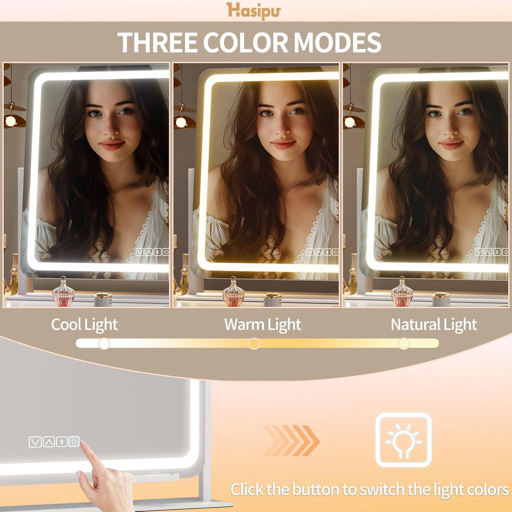 Hasipu Vanity Mirror with Lights and Bluetooth Speaker, 23.6" x 19.7" LED Makeup Mirror, Light up Mirror with 10X Magnification, USB Charging Port, Smart Touch 3 Colors Dimmable (White)