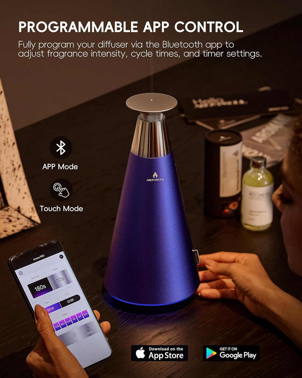 Waterless Scent Diffuser Starter Kit - 1500 Sq Ft Coverage, Alloy Atomization System,Mood Light,Smart Rechargeable Hotel Scent Diffuser, Including 120ml Essential Oil, for Home,Large Room,Spa,Blurple