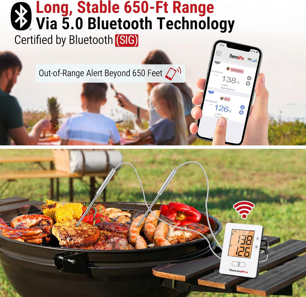 ThermoPro TP910 650FT Bluetooth Meat Thermometer for Smokers, Rechargeable Wireless Meat Thermometer for Grilling with 2 Probes, Grill BBQ Thermometer with Smart Timer, Alarm, Cook Time Estimator