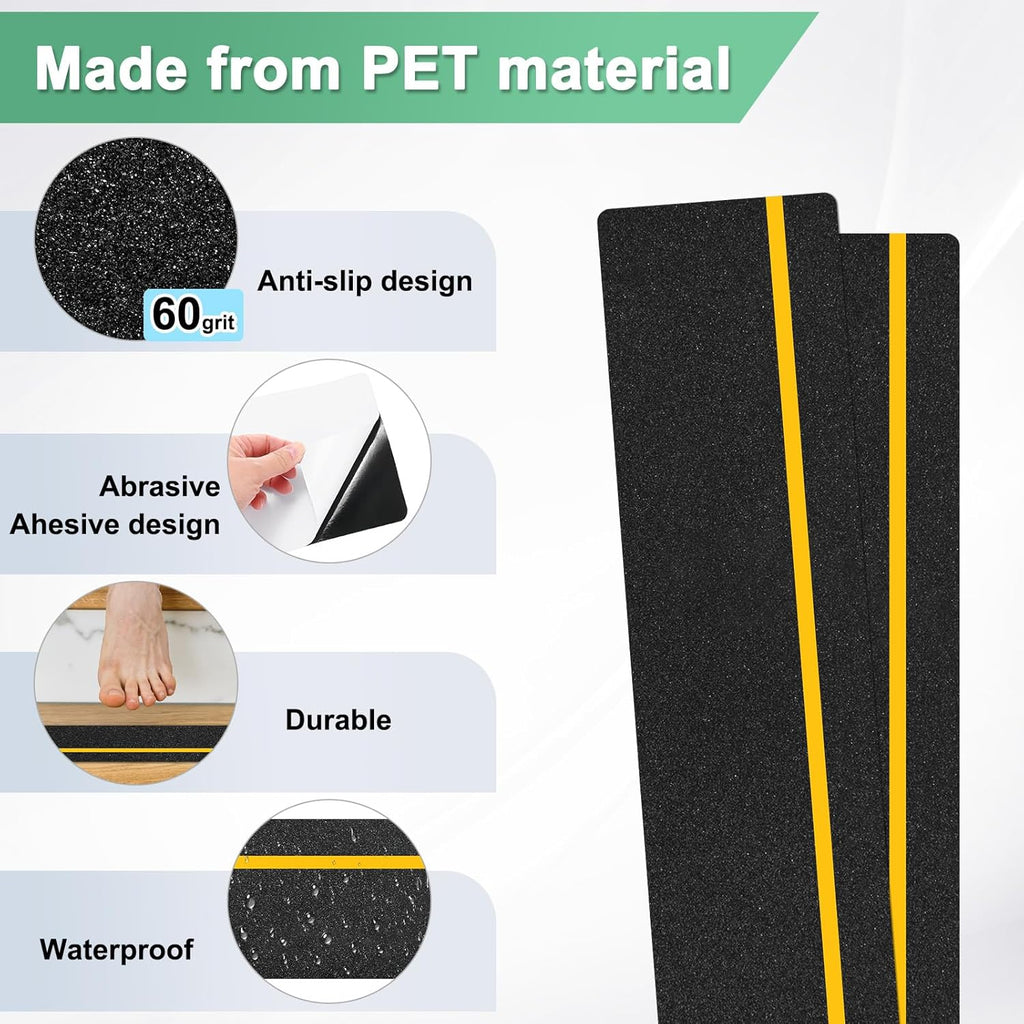5-Pack Anti Slip Traction Tape 24" x 6" Best Grip Tape Grit with 12mm/0.47" Glow in Dark Stripe High Traction Friction Abrasive Adhesive for Indoor/Outdoor Stairs[Black+Yellow]