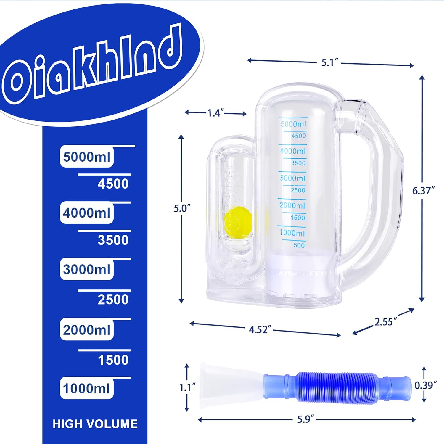Incentive Spirometer,Adult Lung Trainer,Breathing Trainer - 5000ML Inhale Volume Measurement, Equipped with Ball Flow Rate Indicator & Scale Indicator