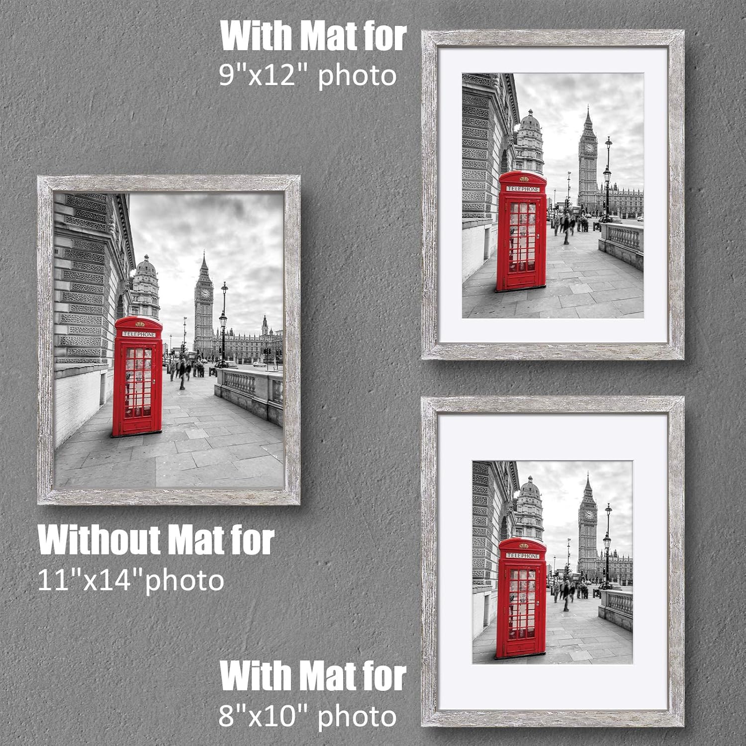 Tiblue 11x14 Picture Frame, Solid Wood Rustic Distressed White - 2 Packs with 4 Mats, HD Plexiglass, Wall Mount & Tabletop, 11x14 inches, Unisex Adult