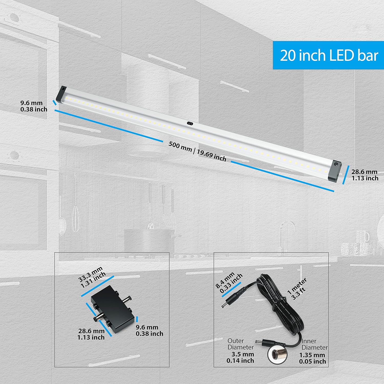 EShine Extra Long 20 inch LED Dimmable Under Cabinet Lighting Strip with Hand Wave Motion Sensor, Black, with Accessories (No Power Supply Included), Warm White (3000K)