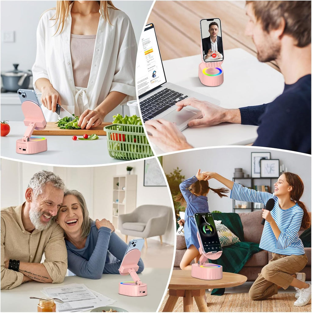 Wireless Induction Audio Bluetooth Speaker 5in1 Phone Holder Emergency Rechargeable (3000mAh) with Colorful Ambient Light 300° Foldable for Tablet iPhone Android, Womens Birthday Gifts(Pink)