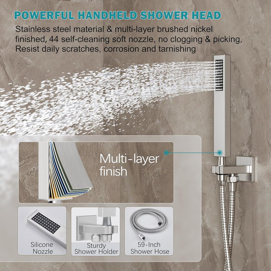 Brushed Nickel Shower System, Shower Faucet Set with 10-Inch Rain Showerhead and Handheld Spray, Wall Mounted High-Pressure Showerhead Combo Set Included Valve and Trim, Brushed Nickel