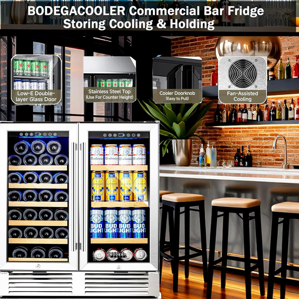 BODEGACOOLER Back Bar Cooler With 2 Glass Doors,30 Inch Wine and Beverage Refrigerator with Digital Touch,Counter Height Commercial Beverage Refrigerator, Beverage Cooler Holds 31 Bottles and 92 Cans.