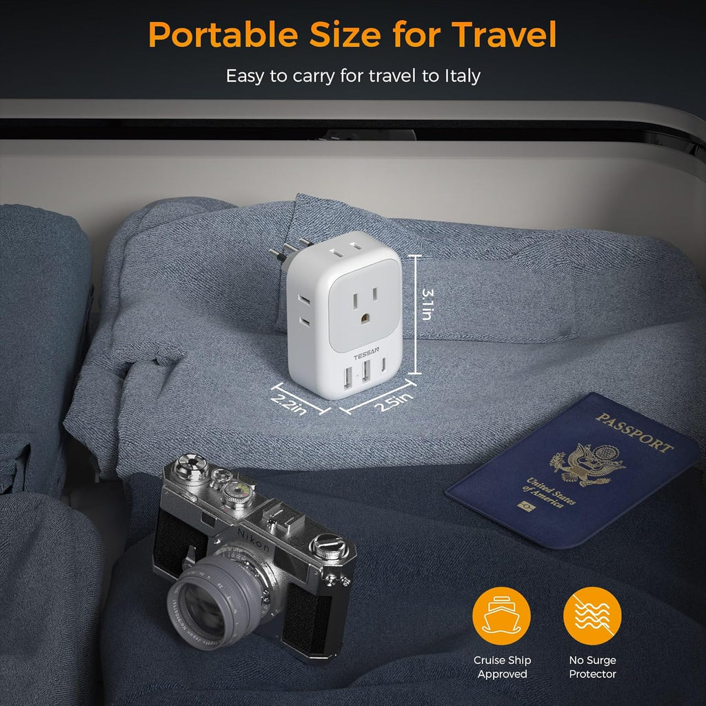 Italy Travel Plug Adapter 2 Pack, TESSAN Italy Power Adaptor with 4 Outlets 3 USB Charger (1 USB C Port), Type L Adapter for US to Chile Libya Syria Tunisia Uruguay