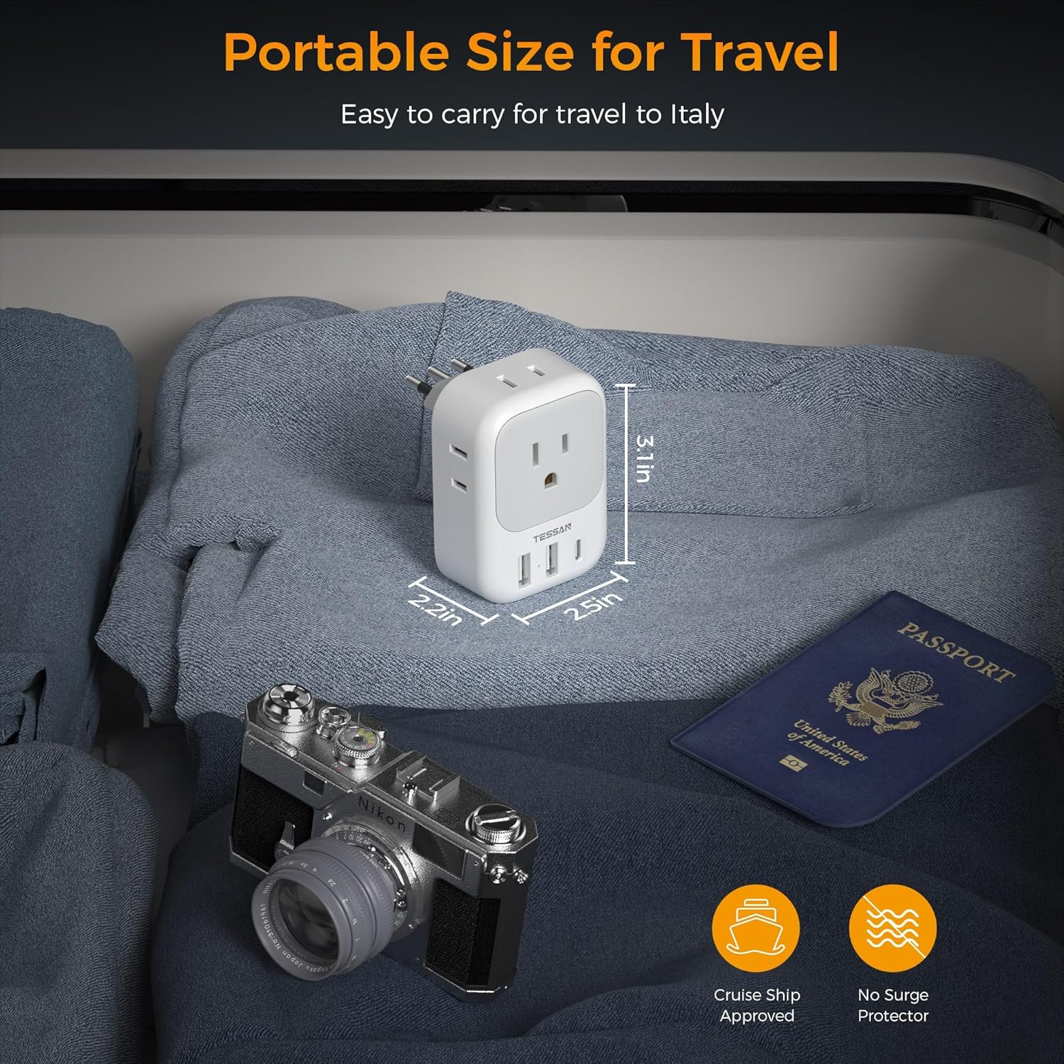 Italy Travel Plug Adapter 2 Pack, TESSAN Italy Power Adaptor with 4 Outlets 3 USB Charger (1 USB C Port), Type L Adapter for US to Chile Libya Syria Tunisia Uruguay