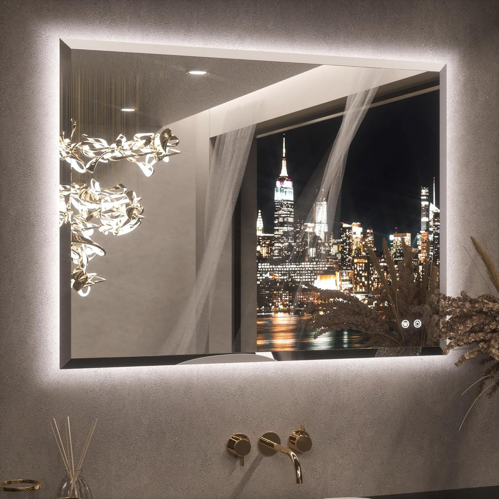 Keonjinn 40 x 30 Inch Backlit Mirror Bathroom, Frameless LED Mirror Beveled Edge, Safe Tempered Glass, UL-Listed, Anti-Fog, 3 Color Lights, Dimmable, Light Up Bathroom Wall Mirrors for Over Sink