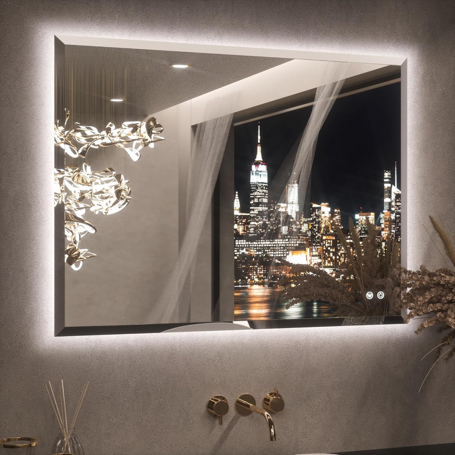 Keonjinn 40 x 30 Inch Backlit Mirror Bathroom, Frameless LED Mirror Beveled Edge, Safe Tempered Glass, UL-Listed, Anti-Fog, 3 Color Lights, Dimmable, Light Up Bathroom Wall Mirrors for Over Sink
