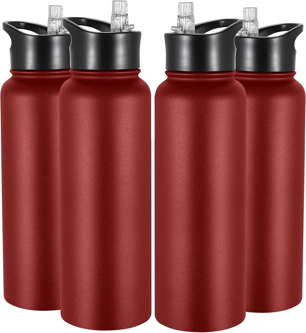 VEGOND 40 oz Insulated Water Bottle Bulk Stainless Steel Metal Water Bottles with Leak Proof Straw Lid & Spout Lid, Wide Mouth Double Walled Vacuum Travel Sports Bottle, Red 4 Pack