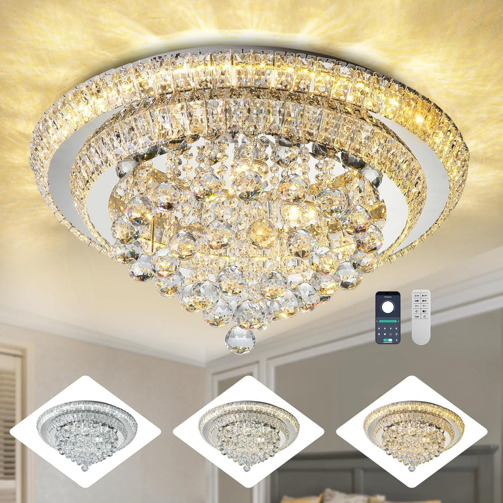 Elegant LED Crystal Raindrop Ceiling Light, 24" Flush Mount Chandelier Light Fixture with Remote Control for Living Room Kitchen Island Bedroom Hallway Entryway Foyer(Dimmable)