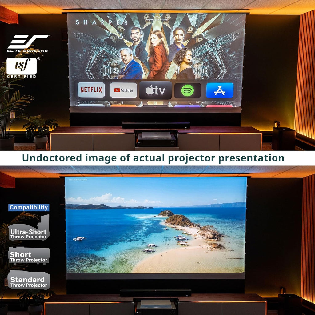 EliteProjector Screens Kestrel Tab-Tension 3 CineWhite, 183" Diag., 16:9 Aspect Ratio, ISF Certified 4K/8K Ultra HD Electric Floor-Rising Motorized Tab-Tensioned Front Projector Screen, FTE183H3