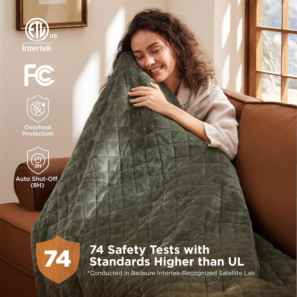 Bedsure Electric Blanket Queen Size - Dual Control Heated Weighted Blanket Queen with 10 Heat Settings, Fast Heating with 10 Time Settings (84x90 inches, Olive Green)