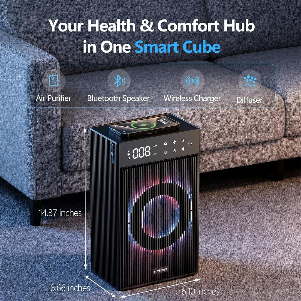 CleanForce Cube | 4-in-1 Desk Smart Air Purifier with Bluetooth Speaker, Wireless Charger & Aroma Diffuser | for Home Office, Bedroom | FCC Certified | Quiet & Space Saving