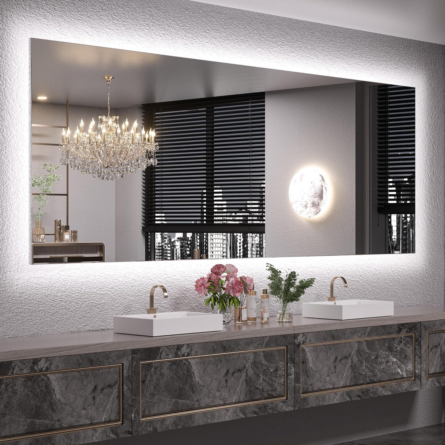 Keonjinn LED Backlit Mirror 84” x 32” Oversized Lighted Bathroom Mirror with UL Listed LED Driver, Large Stepless Dimmable Wall Mirror, Tempered Glass, CRI90+ Anti Fog Vanity Mirror with Backlights