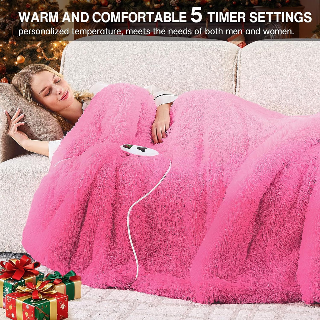 Heated Electric Blanket Throw,Warm Winter Birthday Gifts for Women Her Grandma-Faux Fur with Soft Sherpa,10 Heat Settings,5 Time Settings with Fast Heating, 50x60, Rose Red