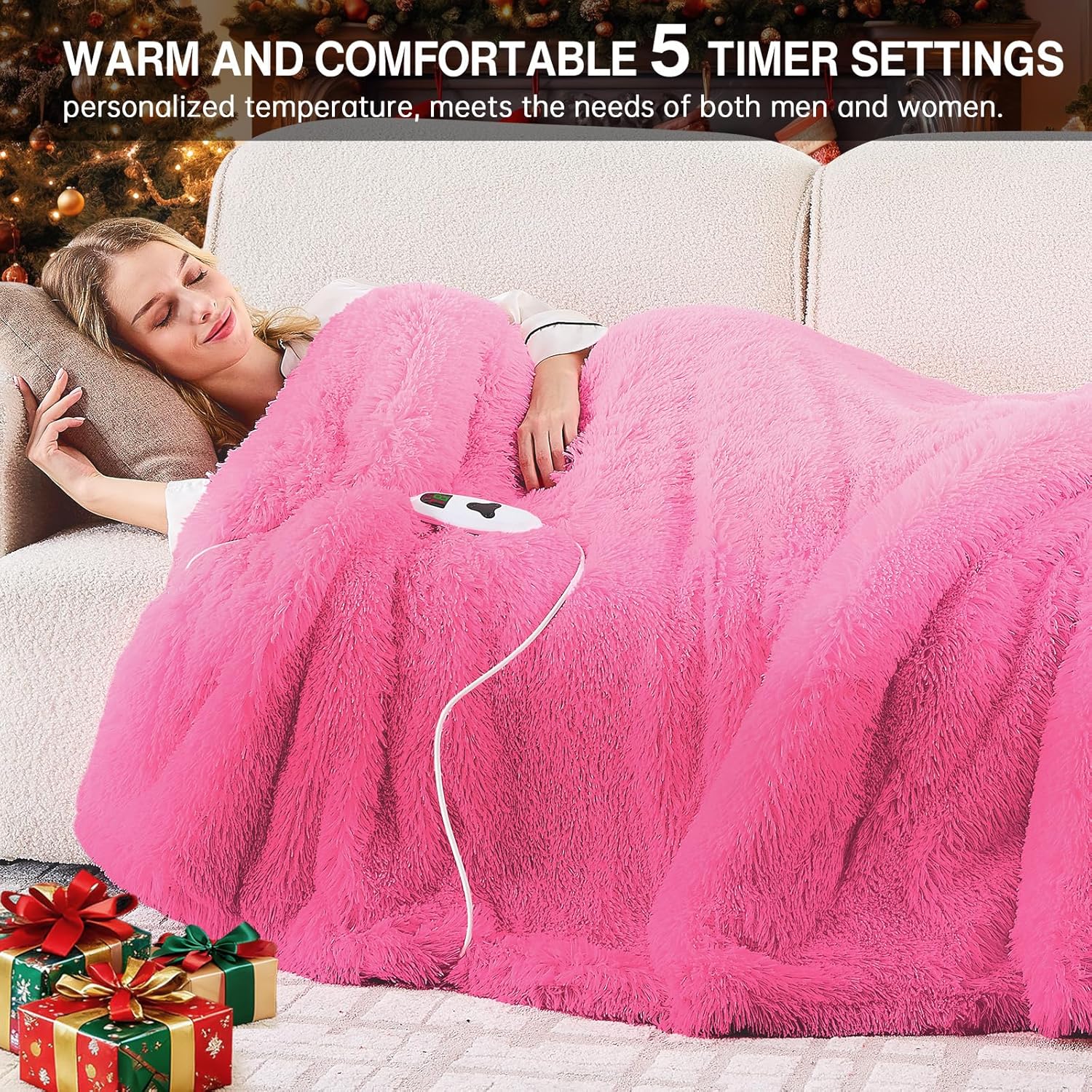 Heated Electric Blanket Twin,Warm Winter Birthday Gifts for Women Her Grandma–Faux Fur with Soft Sherpa,10 Heat Settings,5 Time Settings with Fast Heating, 62x84, Rose Red