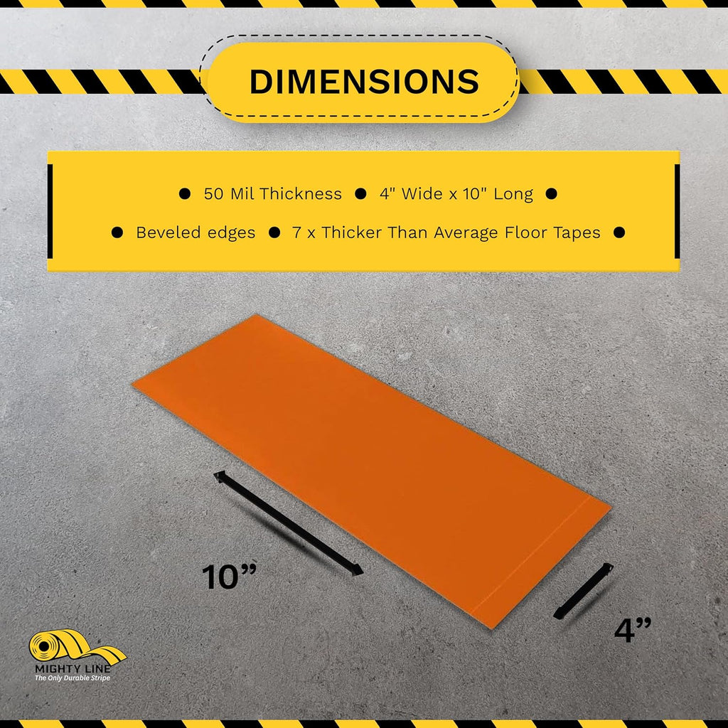 Mighty Line Floor Marking Tape Strips for Safety, Caution, Warning, Heavy-Duty, Peel and Stick, Adhesive, Industrial Quality, Orange, 4" by 10"