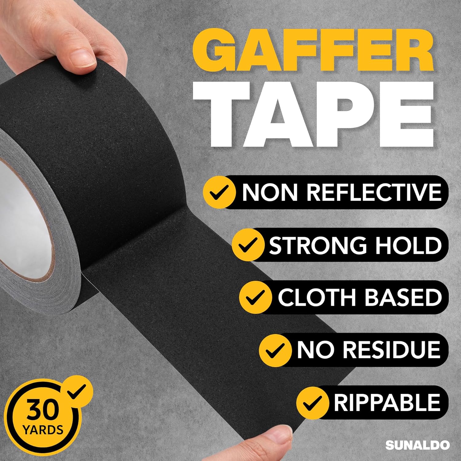 Gaffers Tape (3 Inch x 30 Yards) Strong Hold, Easy to Rip, Residue-Free Professional Grade Floor Tape for Electrical Cords, Matte Finish Non Reflective, Weather Resistant (Black)