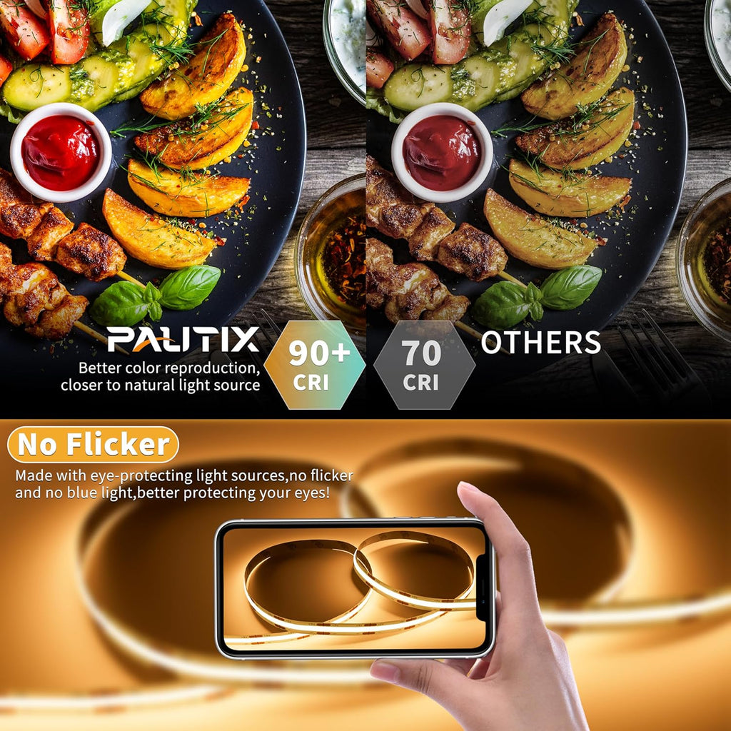 PAUTIX 5V USB COB LED Strip Light 6.56ft/2m 1200lm, Dimmable 640LEDs 2700K Warm White CRI90+ with RF Remote TV Backlight,Flexible Under Cabinet Tape Light for Bedroom,Kitchen,Home DIY Lighting
