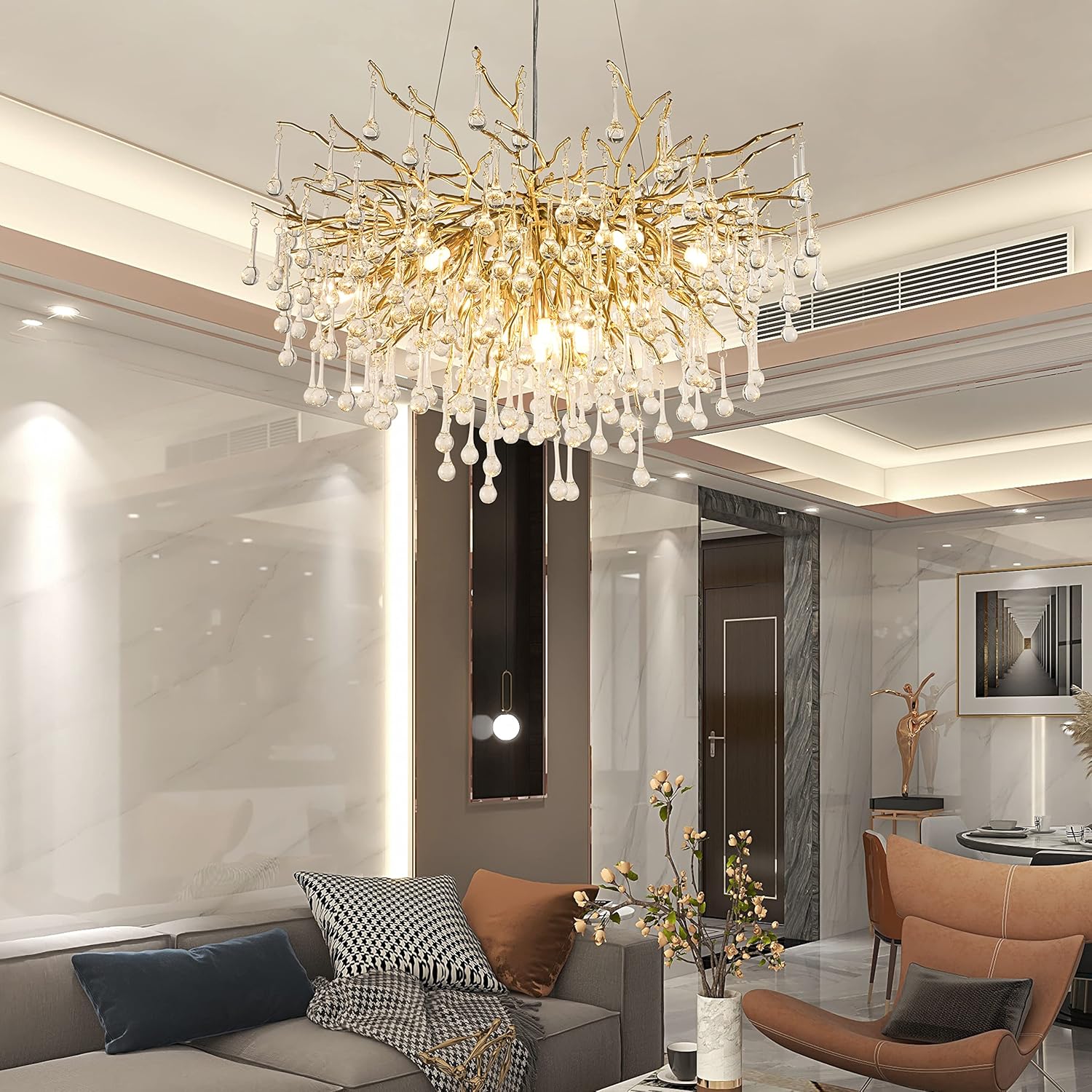 Crystal Chandelier for Dining Room 10-Light Raindrop Chandelier Contemporary Champagn Gold Pendant Light Fixture for Kitchen Island Bar