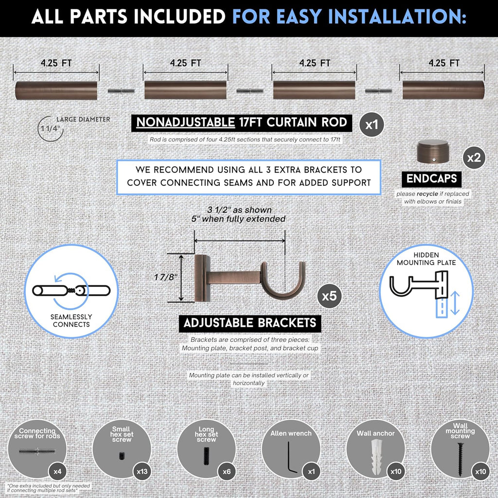 BlastHome® Non-Adjustable Luxury Extra Long Curtain Rod, 1 ¼” Rod Set, 17 foot Fixed Length (Four Rods Connect for a Seamless Look), Oil Rubbed Bronze