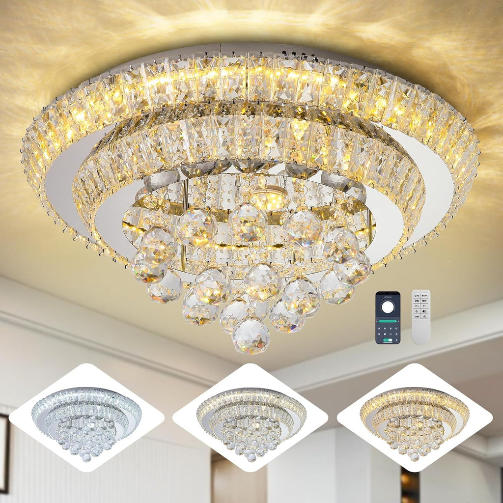 Elegant LED Crystal Raindrop Ceiling Light,20" Flush Mount Chandelier Light Fixture with Remote Control for Living Room Kitchen Island Bathroom Bedroom Hallway Entryway(Dimmable)