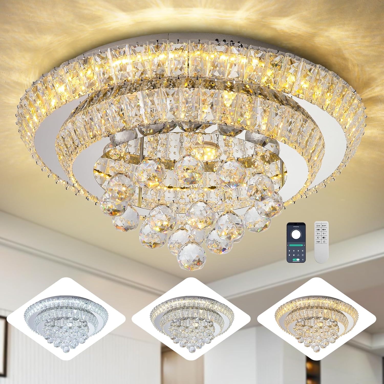 Elegant LED Crystal Raindrop Ceiling Light,20" Flush Mount Chandelier Light Fixture with Remote Control for Living Room Kitchen Island Bathroom Bedroom Hallway Entryway(Dimmable)