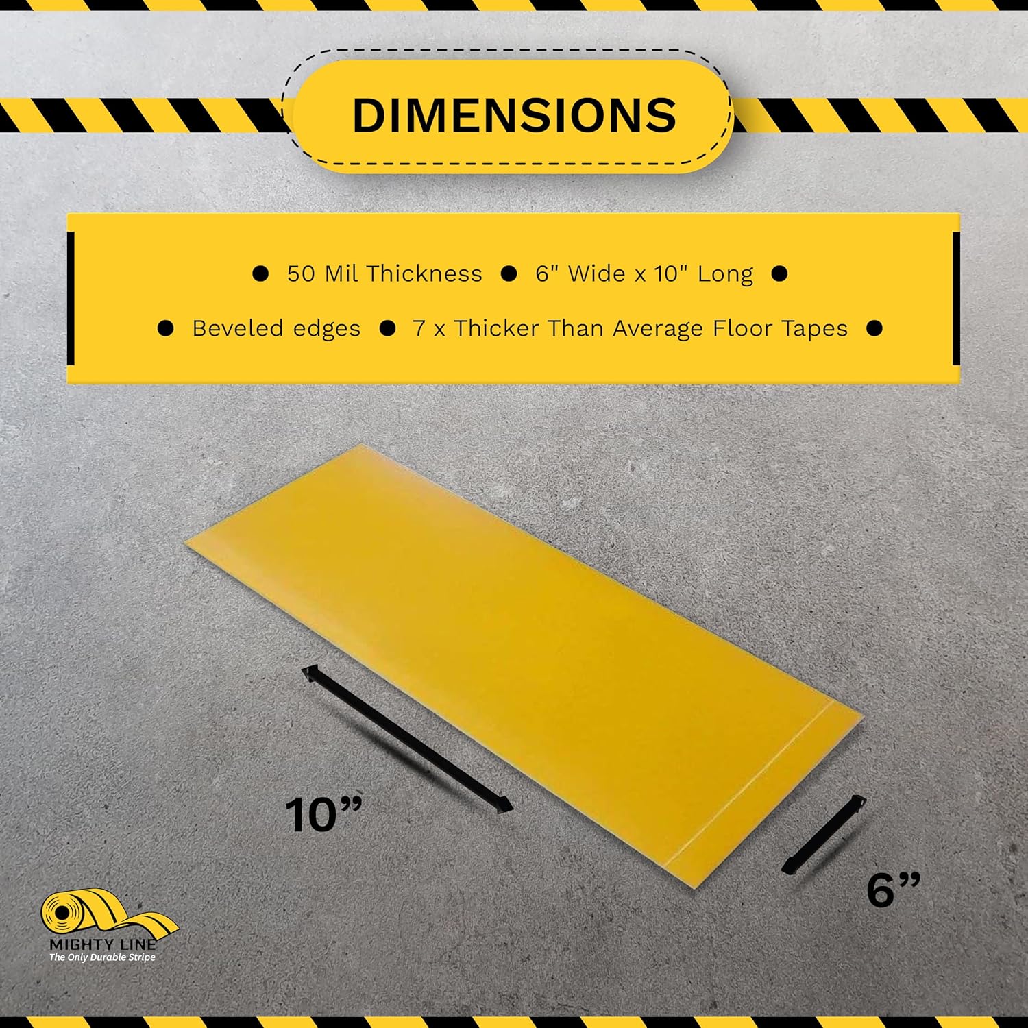 Mighty Line Floor Marking Tape Strips for Safety, Caution, Warning, Heavy-Duty, Peel and Stick, Adhesive, Industrial Quality, Yellow, 6" by 10"