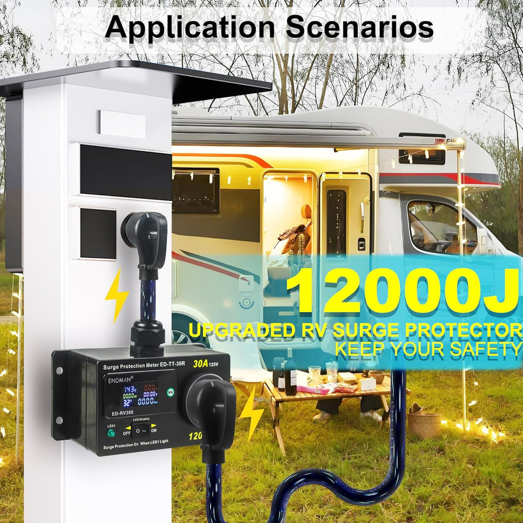RV 30 Amp Surge Protector with Power Meter (kWh) - 12,000 Joules High Surge Guard - Real-Time Voltage & Amp Monitor for Travel Trailers (NEMA TT-30P)