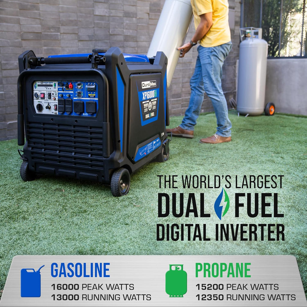 DuroMax XP16000iH 16,000-Watt Dual Fuel Portable Digital Inverter Generator - Gas & Propane, Remote Electric Start, Whole Home Power Backup, Transfer Switch Ready, RV & Emergency Ready