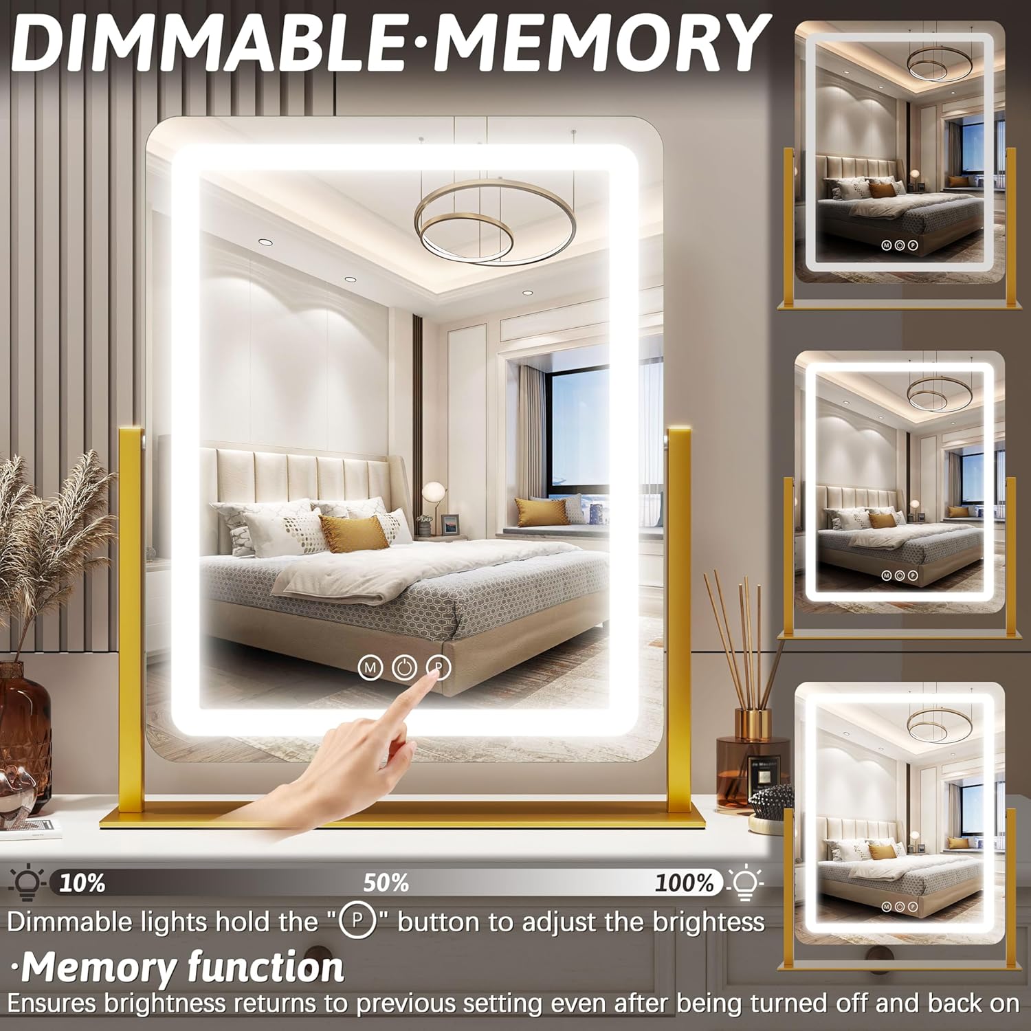 FENNIO Vanity Mirror with Lights 22 Inch- LED Lighted Makeup Mirror,Large Makeup Mirror with Lights,Touch Screen with 3-Color Lighting,Led Mirror Makeup,Dimmable(Gold)