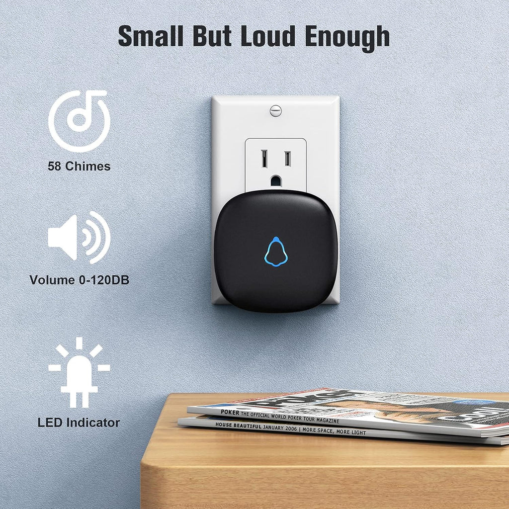 SECRUI Doorbell, Wireless Doorbell with 2 Receivers Easy installation, Adjustable Volume, 58 Chimes, Colorful LED, 1000Ft Range, M520+F55, Black