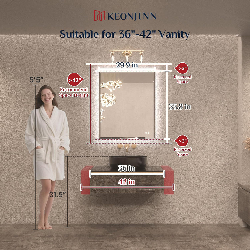 Keonjinn 30 x 36 Inch Backlit Bathroom Mirror with Lights, Light Up Mirror with Beveled Edge, UL-Listed Driver, HD Tempered Glass, 3000K/4500K/6500K, Defogging, Dimmable, Frameless LED Vanity Mirrors