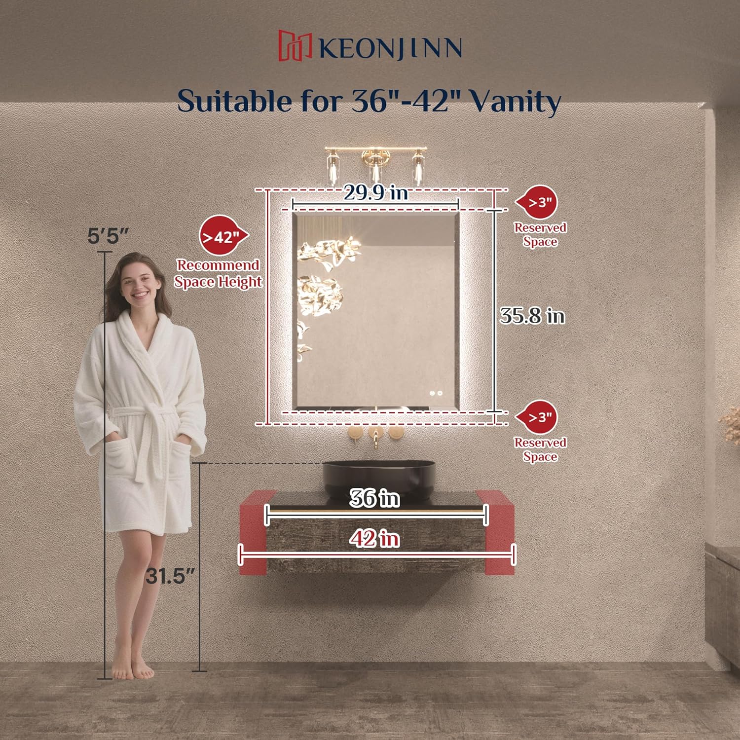 Keonjinn 30 x 36 Inch Backlit Bathroom Mirror with Lights, Light Up Mirror with Beveled Edge, UL-Listed Driver, HD Tempered Glass, 3000K/4500K/6500K, Defogging, Dimmable, Frameless LED Vanity Mirrors