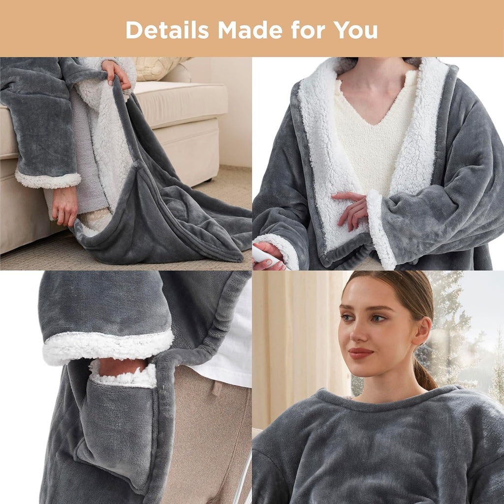 Bedsure Wearable Heated Blanket with Foot Pocket - Electric Snuggle Blanket for Adult with Sleeves, Winter Gifts for Mom Women Girlfriend, Warm Sherpa Heating Throw, Auto Shut Off, 50 x 71+18", Grey