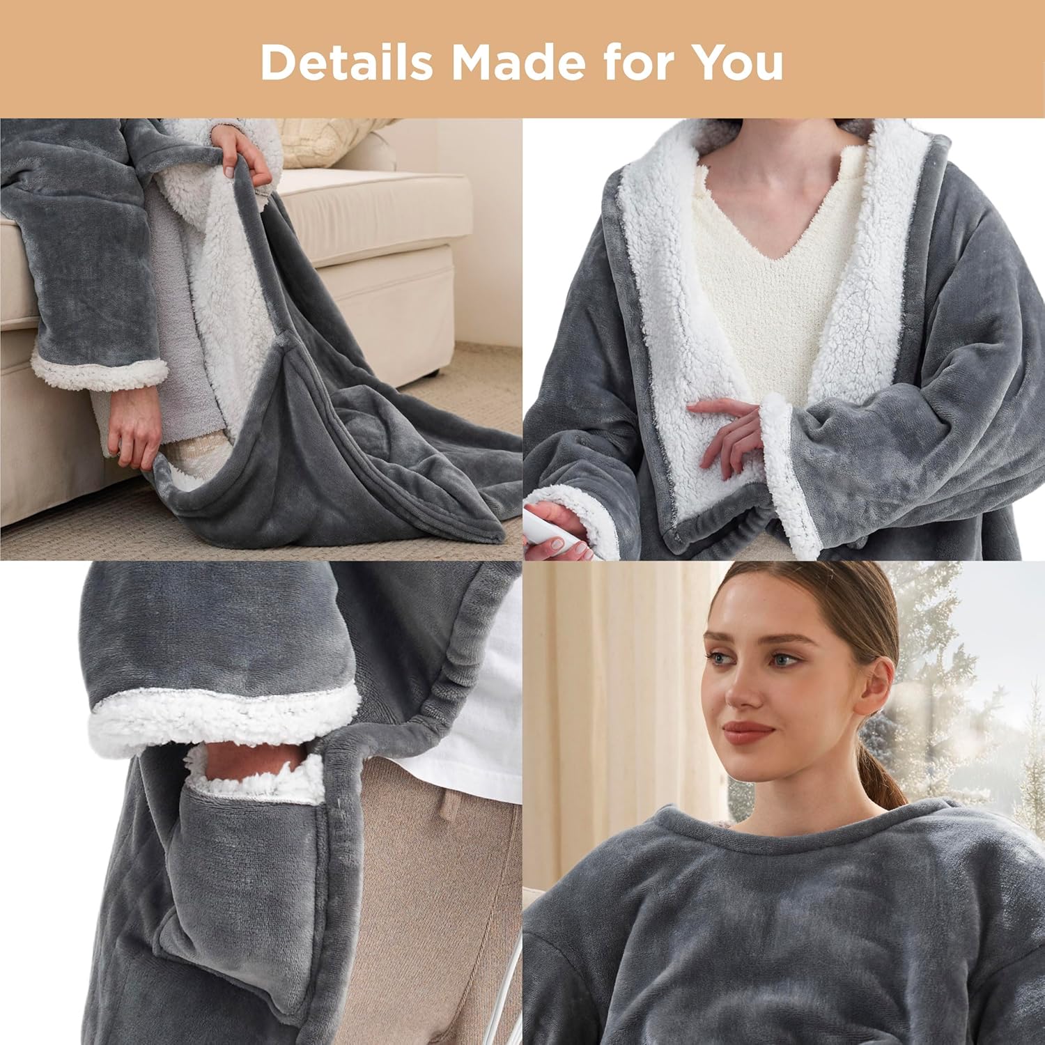Bedsure Wearable Heated Blanket with Foot Pocket - Electric Snuggle Blanket for Adult with Sleeves, Winter Gifts for Mom Women Girlfriend, Warm Sherpa Heating Throw, Auto Shut Off, 50 x 71+18", Grey