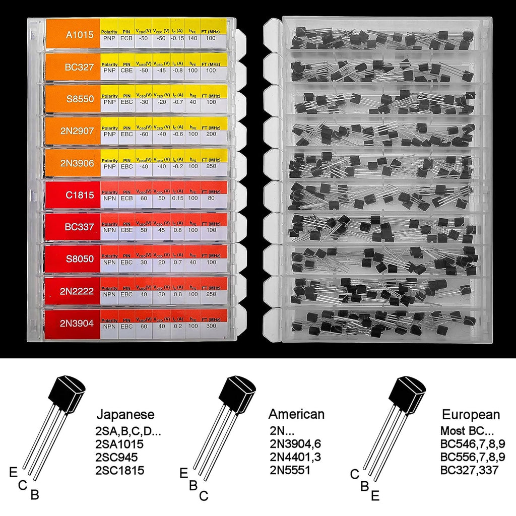 EEEEE 10 Kinds 250pcs Assorted Type TO92 Transistors PNP NPN Bipolar Power Transistor Assortment Kit with A1015 BC327 S8550 2N2907 2N3906 C1815 BC337 S8050 2N2222 2N3904 (250pcs 10 Models)