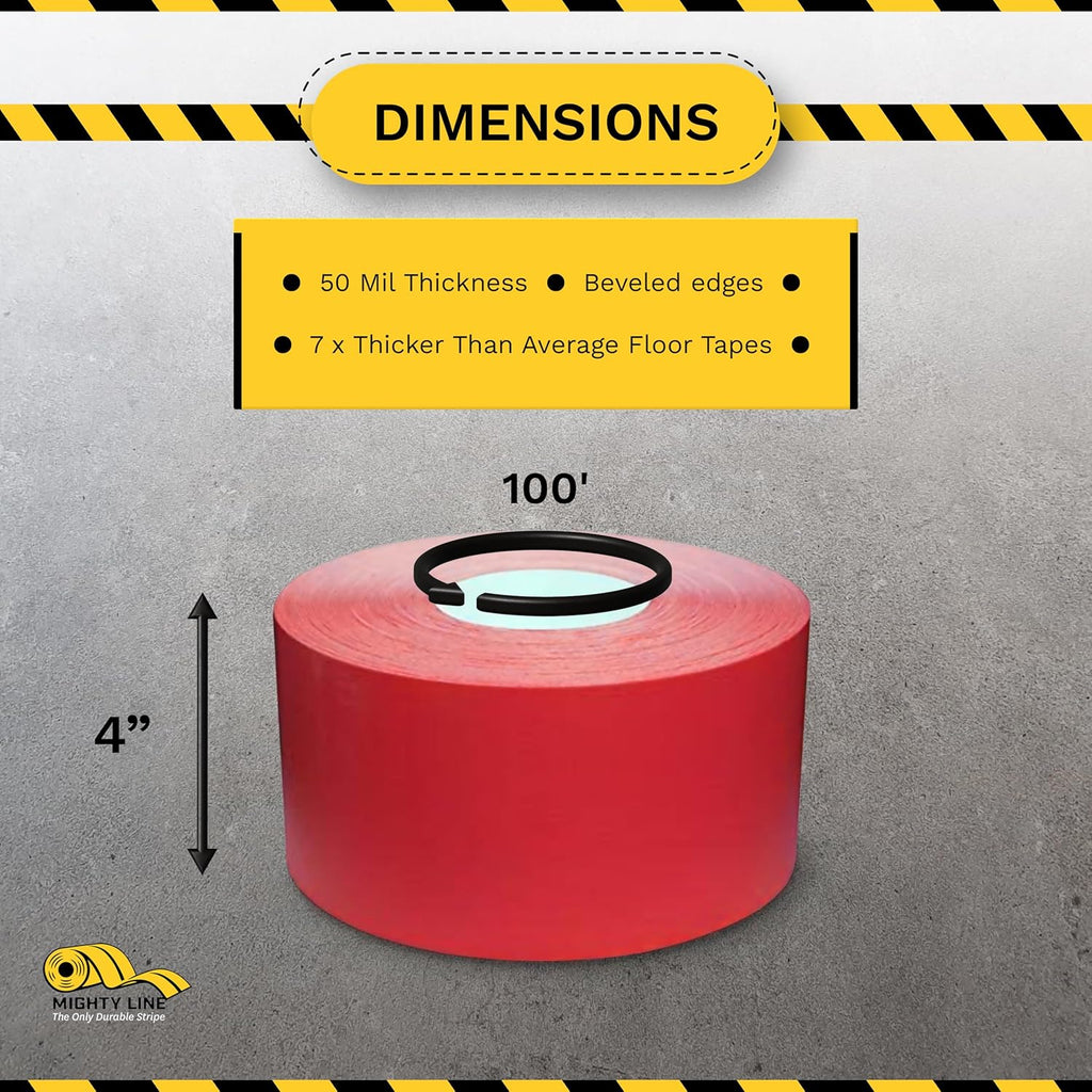Mighty Line UltraLine Solid Floor Marking Tape for Safety, Caution, Warning, Heavy-Duty, Peel and Stick Adhesive, Beveled Edge Design, Industrial Quality, 4 Inch, 100' Roll, Red