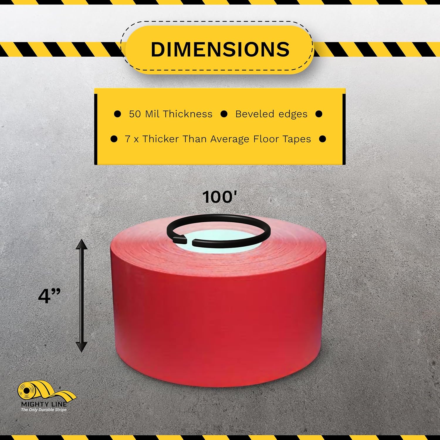 Mighty Line UltraLine Solid Floor Marking Tape for Safety, Caution, Warning, Heavy-Duty, Peel and Stick Adhesive, Beveled Edge Design, Industrial Quality, 4 Inch, 100' Roll, Red