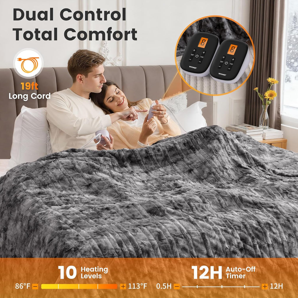 WOOMER Heated Blanket King Size 100" x 90", Electric Blanket with Dual Controllers, 0.5-12 Hours Timer & 10 Heating Levels, ETL Certified, Marble Gray Double-Sided Faux Fur, Machine Washable