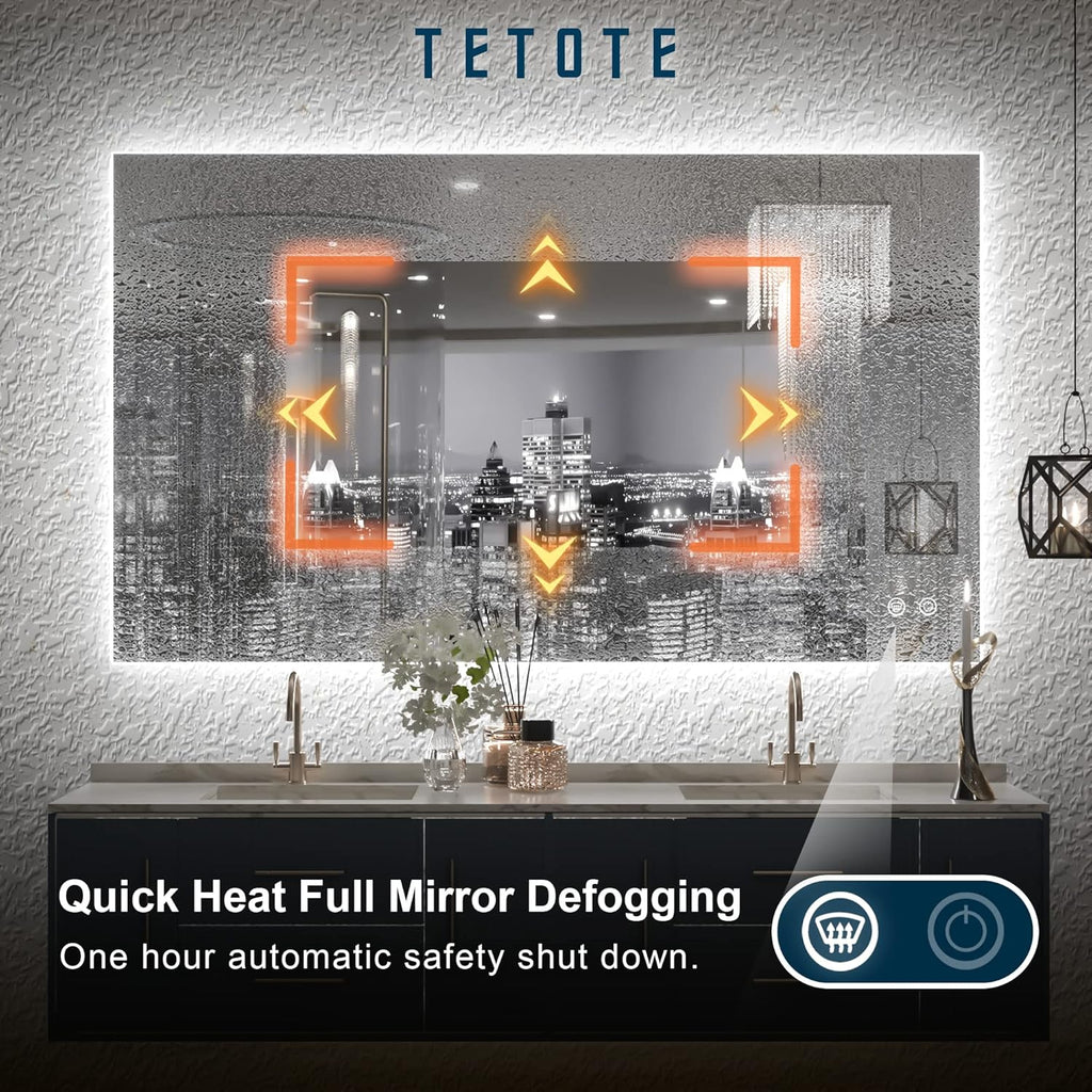 TETOTE 40 x 24 Inch LED Backlit Bathroom Vanity Mirror with Light,Anti-Fog,Dimmable,CRI90+,Touch Button,Water Proof,Horizontal/Vertical,Wall Mounted Lighted Mirror