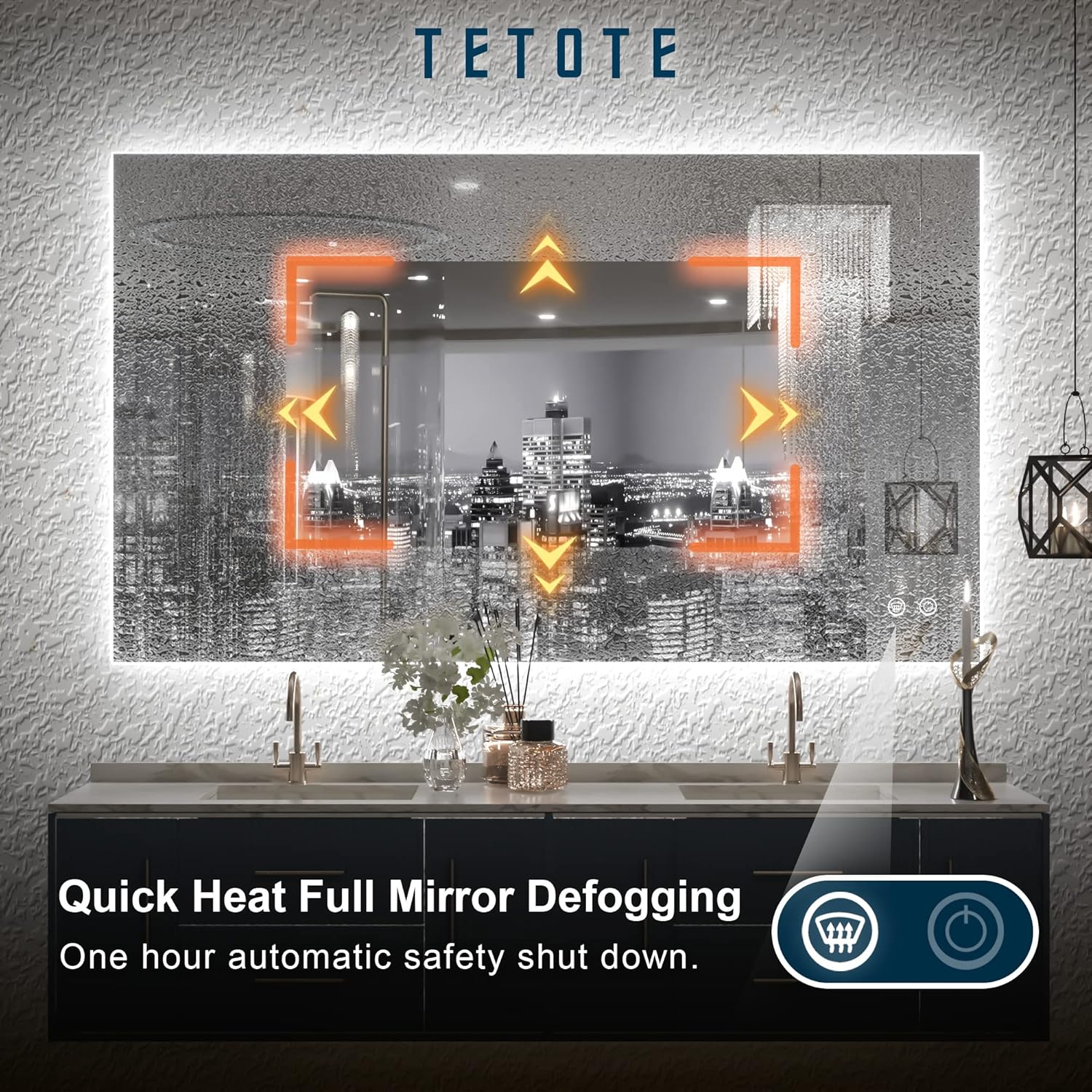 TETOTE 40 x 24 Inch LED Backlit Bathroom Vanity Mirror with Light,Anti-Fog,Dimmable,CRI90+,Touch Button,Water Proof,Horizontal/Vertical,Wall Mounted Lighted Mirror