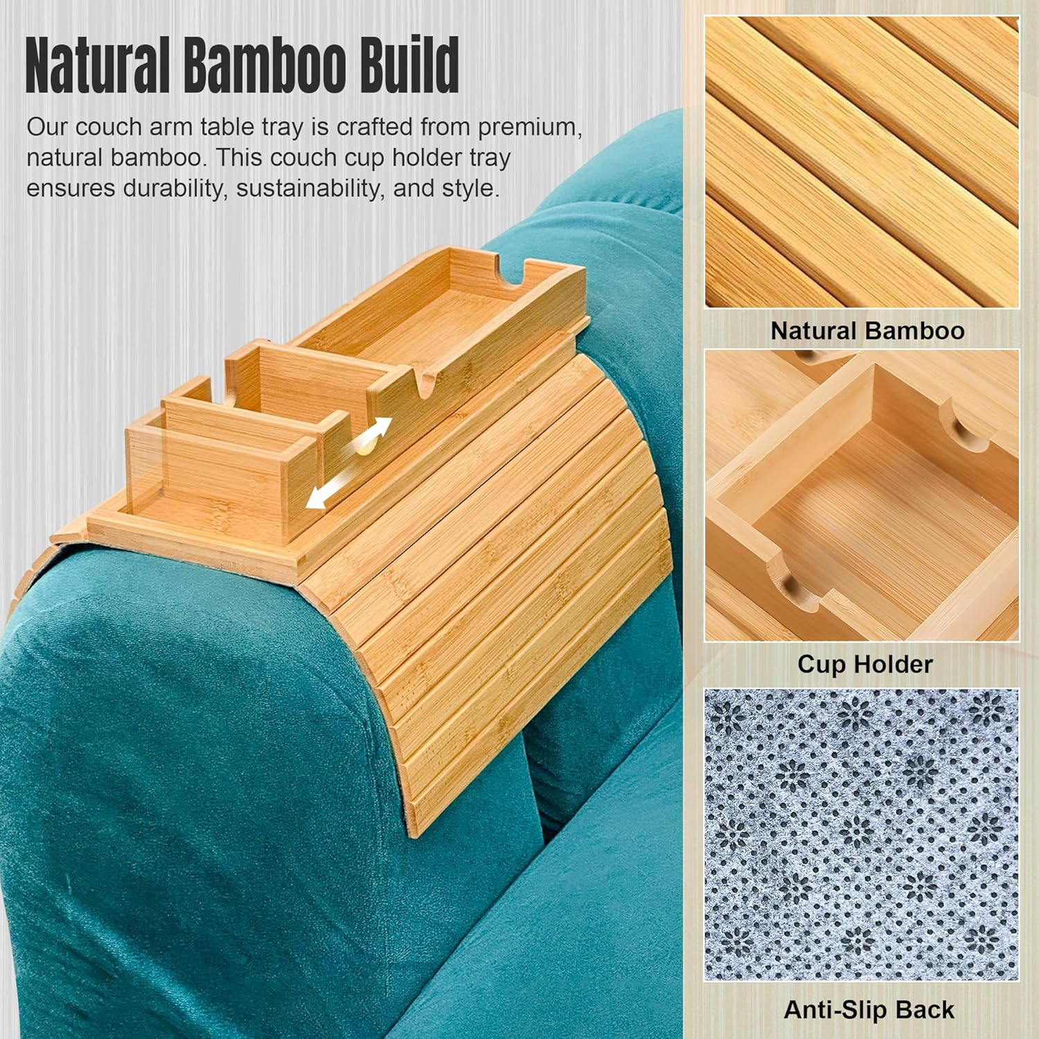 Adjustable Bamboo Couch Cup Holder (Fits 4.5” to 14” Arms) - Foldable Non-Slip Bamboo Sofa Armrest Tray - Detachable Sofa Arm Tray Couch Caddy with Cup Holder for Drinks, Phone, Remote, Snacks