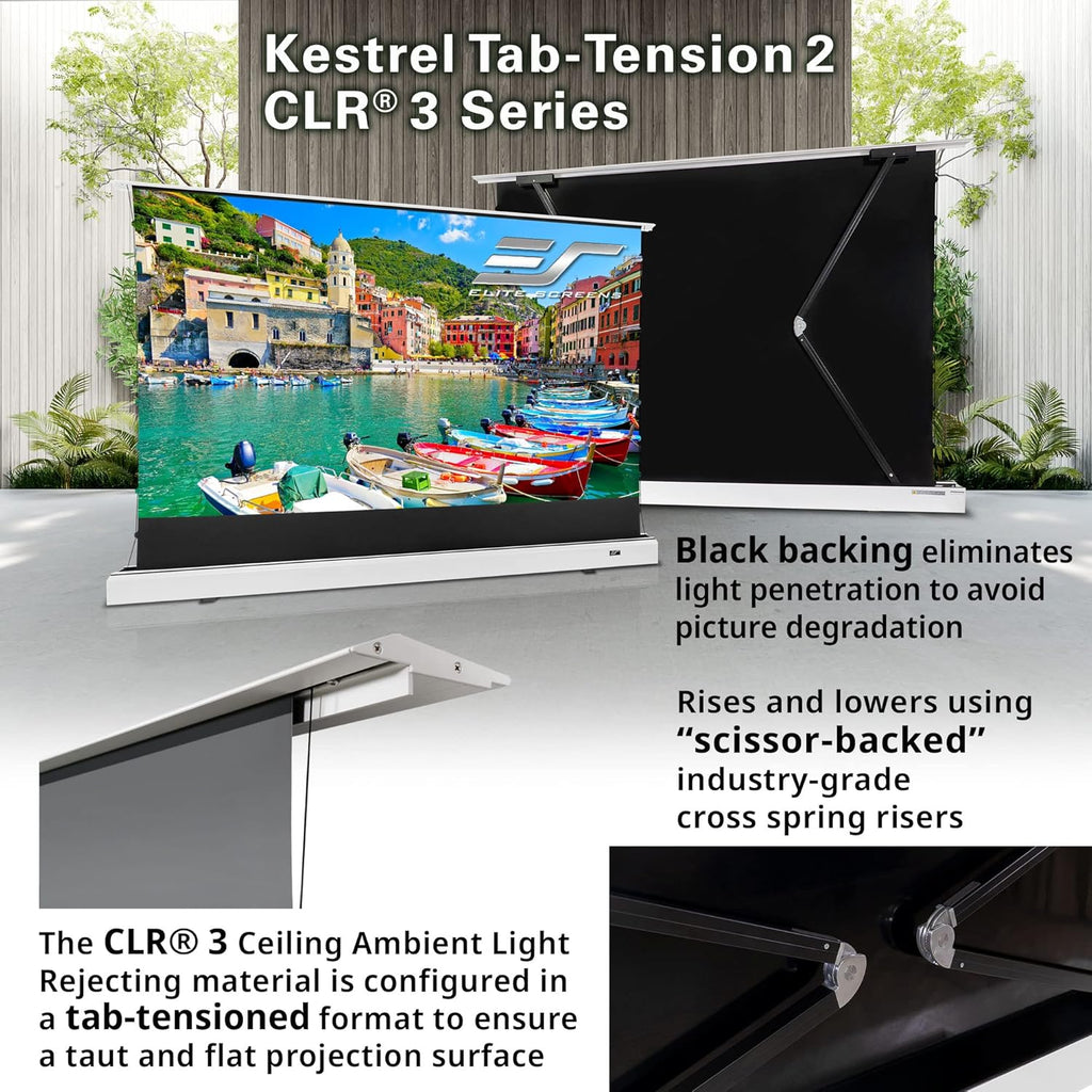 Elite Screens Kestrel Tab-Tension 2 CLR3, 101" 16:9, Ultra-Short Throw Ceiling Ambient Light Rejecting (CLR/ALR) Electric Floor-Rising Motorized Front Projector Screen,White Casing, FTE101XH3-CLR3