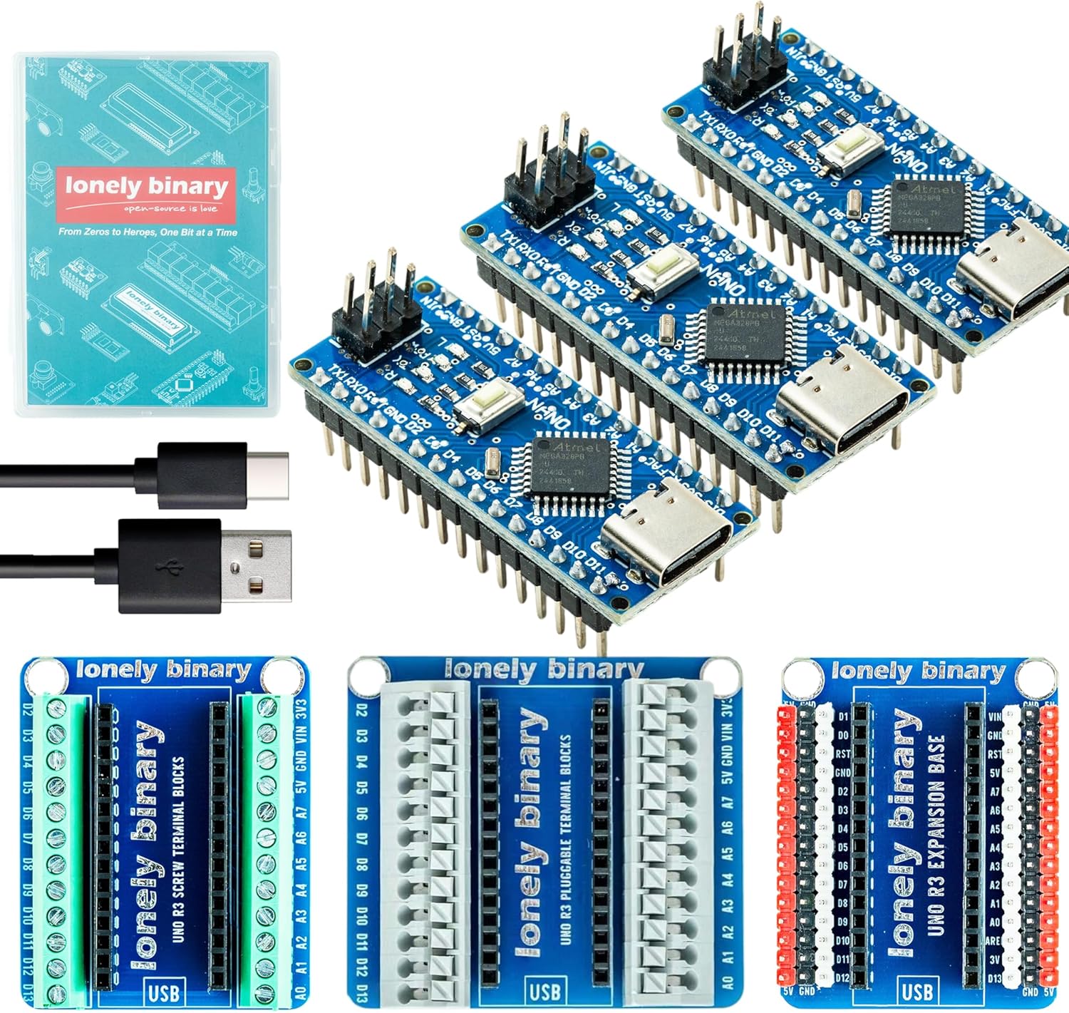 3-Pack Nano V3.0 Development Board Expansion Kit, 3 x Nano V3.0 Type-C & 3X Versatile Expansion Board (Screw, Non-Screw, 2.54mm) Compatible with Arduino IDE Prototyping Projects