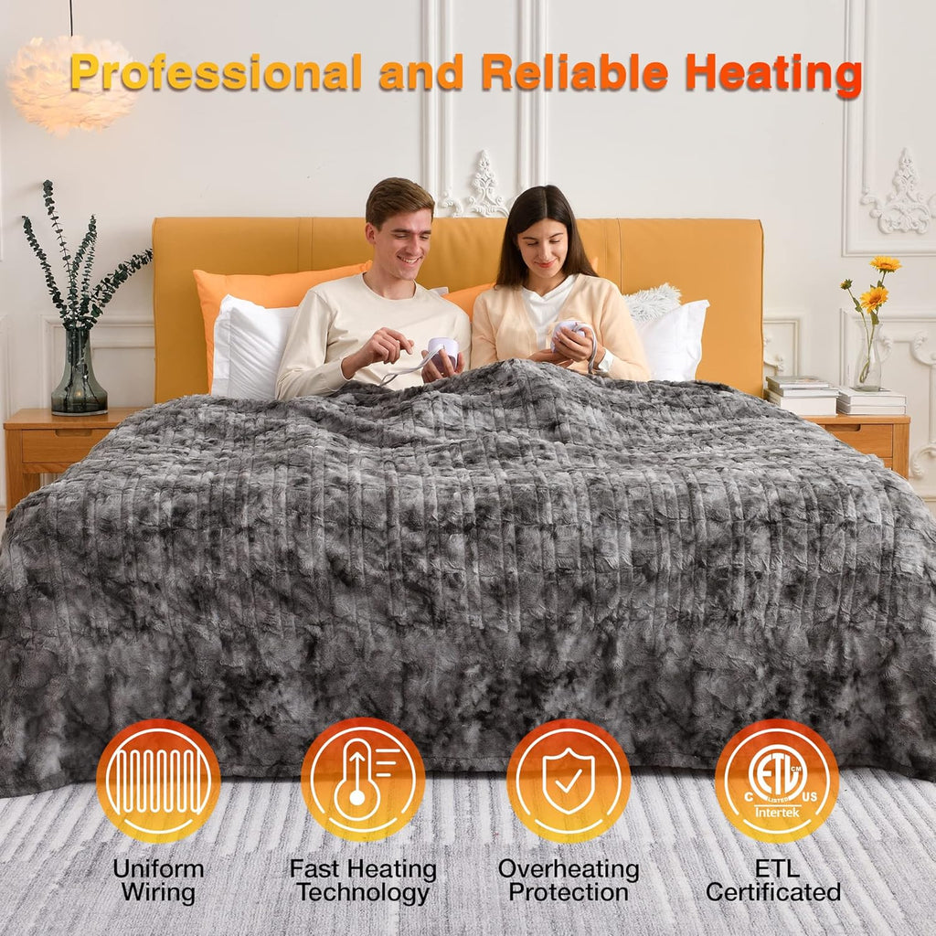 WOOMER Heated Blanket Queen Size 84" x 90", Electric Blanket with 0.5-12 Hours Timer & 10 Heating Levels, ETL Certified, Marble Gray Double-Sided Faux Fur, Machine Washable